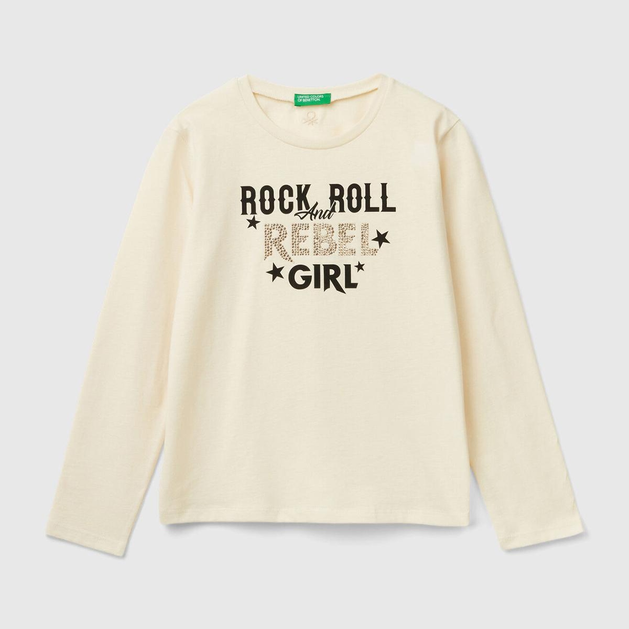 Kız Çocuk Ekru Arkası Logo İşlemeli Önü Baskılı Uzun Kollu T-Shirt