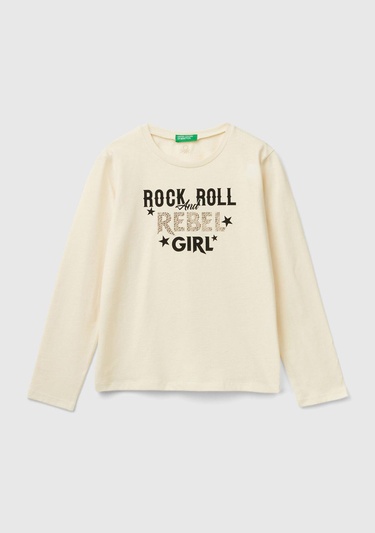  Kız Çocuk Ekru Arkası Logo İşlemeli Önü Baskılı Uzun Kollu T-Shirt