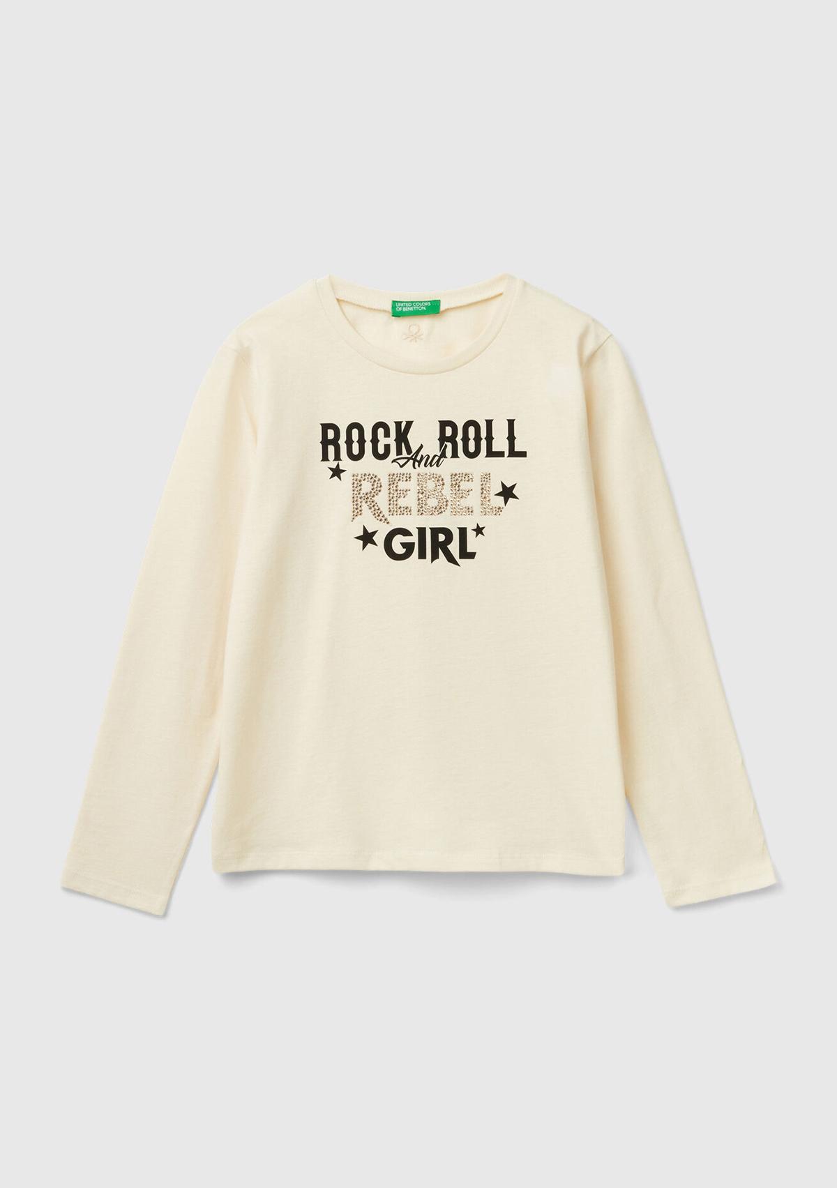  Kız Çocuk Ekru Arkası Logo İşlemeli Önü Baskılı Uzun Kollu T-Shirt