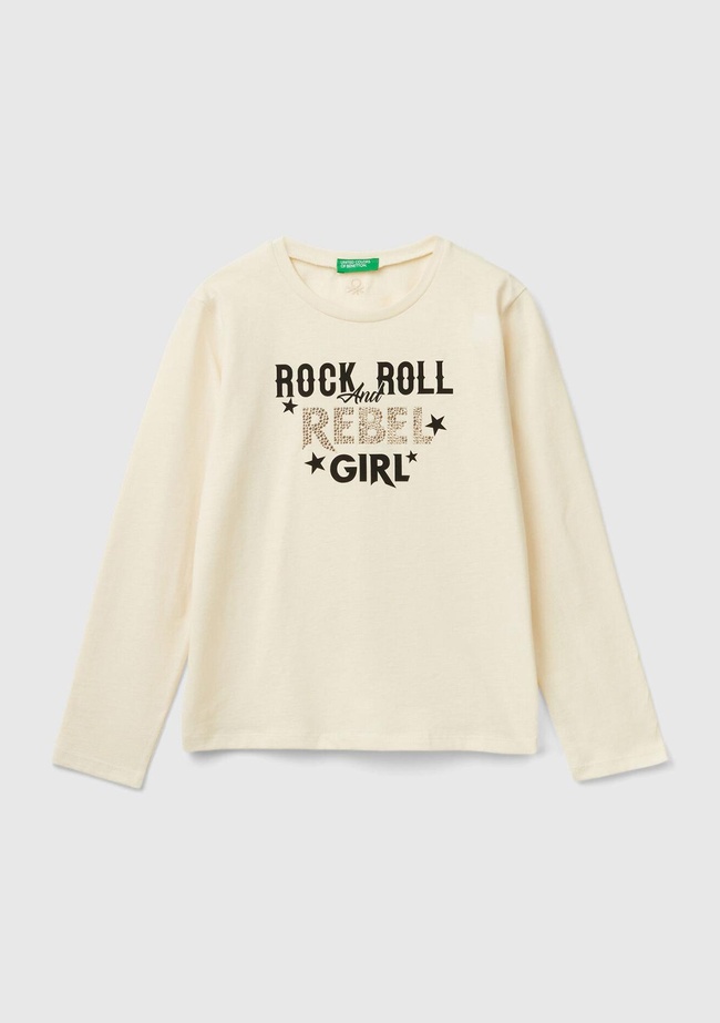  Kız Çocuk Ekru Arkası Logo İşlemeli Önü Baskılı Uzun Kollu T-Shirt