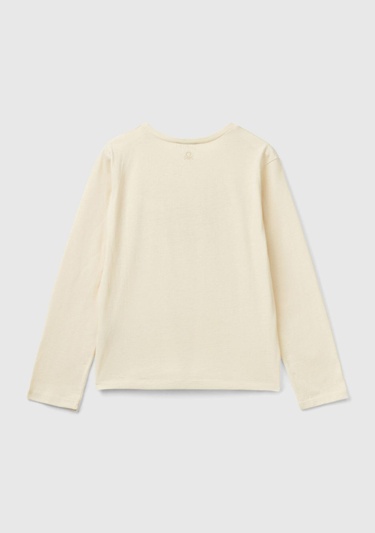  Kız Çocuk Ekru Arkası Logo İşlemeli Önü Baskılı Uzun Kollu T-Shirt