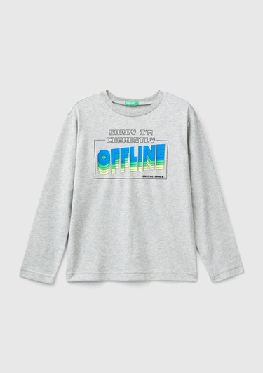  Erkek Çocuk Gri Melanj Önü Baskılı Uzun Kollu T-Shirt