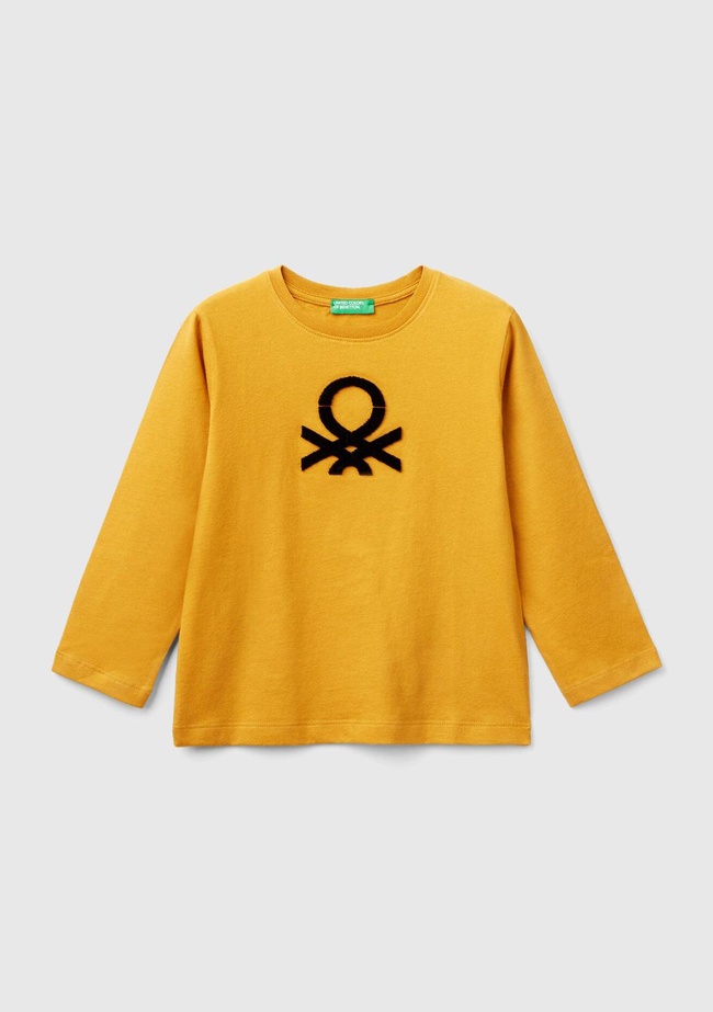  Erkek Çocuk Hardal Sarı Önü Logo İşlemeli Normal Kesim Uzun Kollu T-Shirt