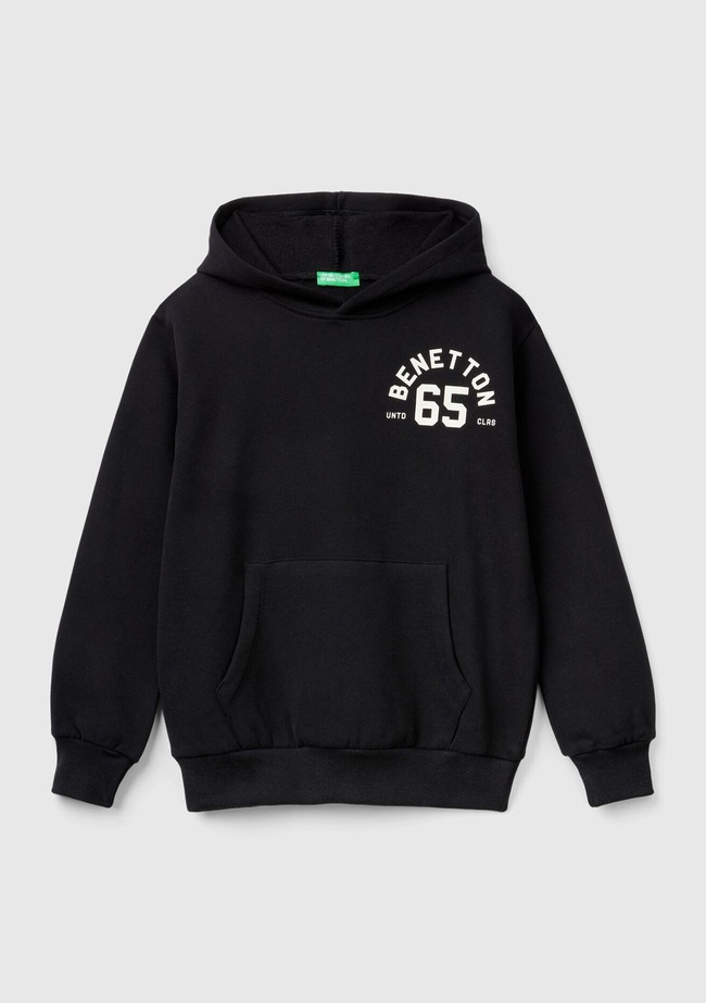  Erkek Çocuk Siyah Önü Logo Baskılı Kanguru Cepli Kapüşonlu Sweatshirt
