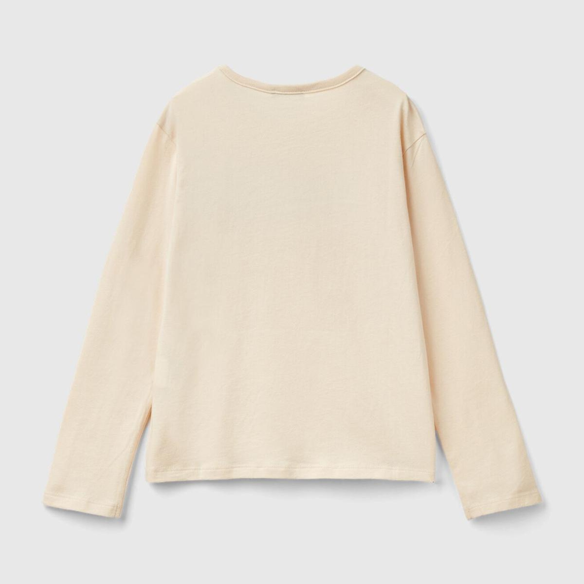 Kız Çocuk Krem Önü Pullu Logo İşlemeli Bisiklet Yaka Uzun Kollu T-Shirt