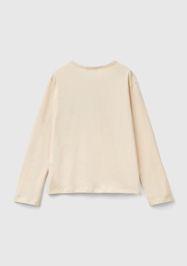  Kız Çocuk Krem Önü Pullu Logo İşlemeli Bisiklet Yaka Uzun Kollu T-Shirt