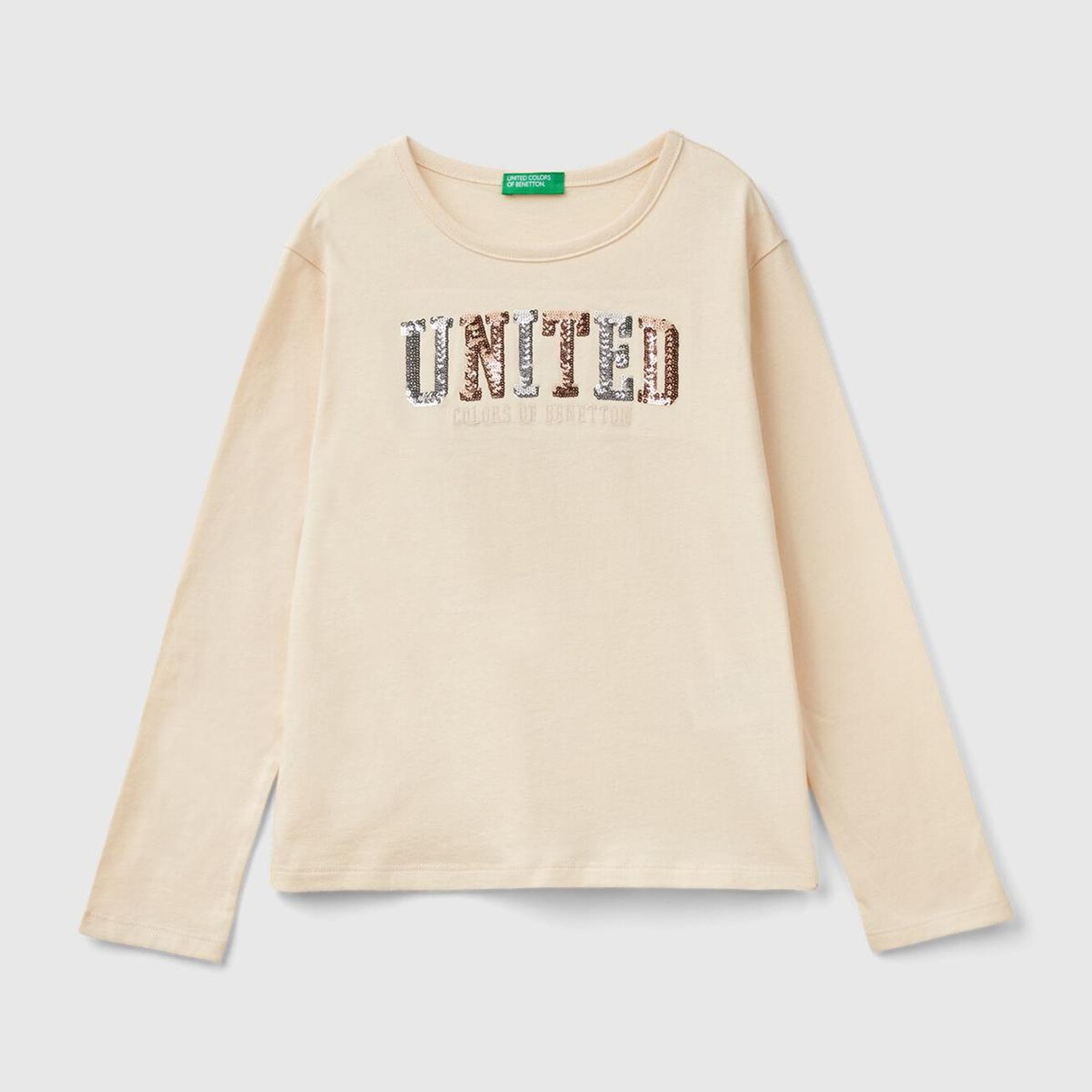 Kız Çocuk Krem Önü Pullu Logo İşlemeli Bisiklet Yaka Uzun Kollu T-Shirt