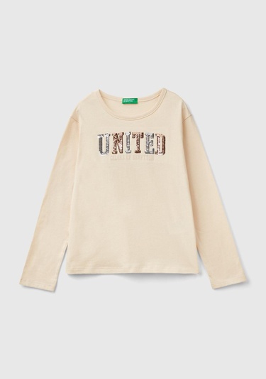  Kız Çocuk Krem Önü Pullu Logo İşlemeli Bisiklet Yaka Uzun Kollu T-Shirt