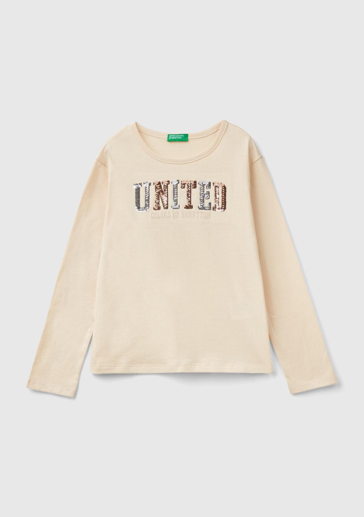  Kız Çocuk Krem Önü Pullu Logo İşlemeli Bisiklet Yaka Uzun Kollu T-Shirt