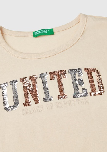  Kız Çocuk Krem Önü Pullu Logo İşlemeli Bisiklet Yaka Uzun Kollu T-Shirt