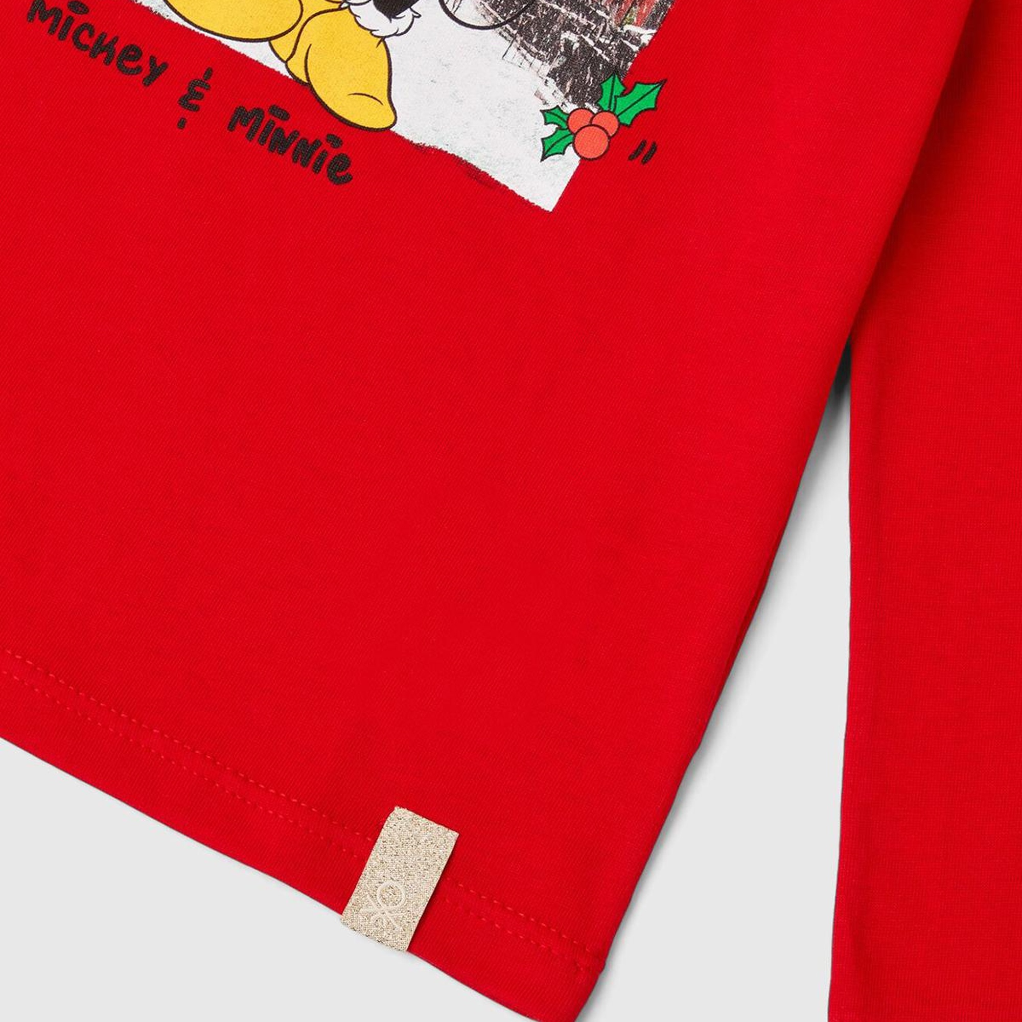 Kız Çocuk Kırmızı Etek Ucu Logo Etiketli Fotoğraf Baskılı Uzun Kollu T-Shirt