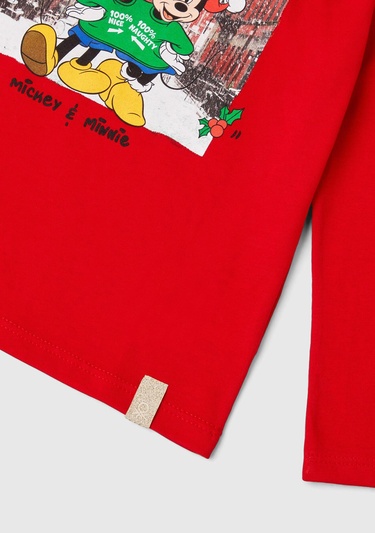  Kız Çocuk Kırmızı Etek Ucu Logo Etiketli Fotoğraf Baskılı Uzun Kollu T-Shirt