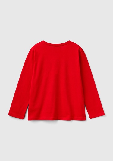  Kız Çocuk Kırmızı Etek Ucu Logo Etiketli Fotoğraf Baskılı Uzun Kollu T-Shirt