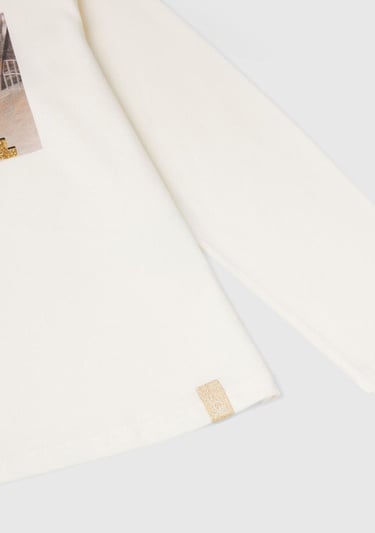  Kız Çocuk Ekru Etek Ucu Logo Etiketli Önü Baskılı Uzun Kollu T-Shirt