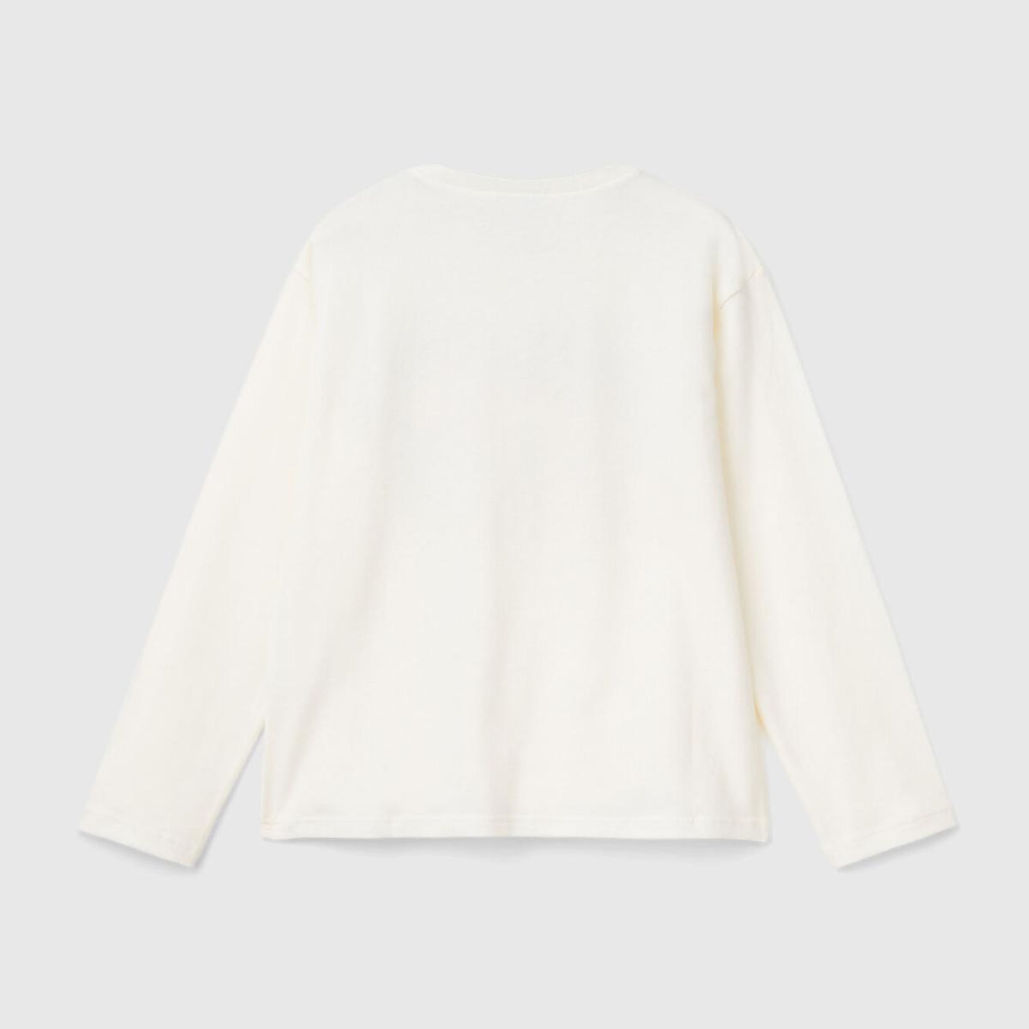 Kız Çocuk Ekru Etek Ucu Logo Etiketli Önü Baskılı Uzun Kollu T-Shirt