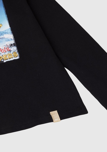  Kız Çocuk Siyah Etek Ucu Logo Etiketli Önü Baskılı Uzun Kollu T-Shirt