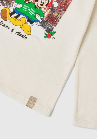  Kız Çocuk Ekru Etek Ucu Logo Etiketli Fotoğraf Baskılı Uzun Kollu T-Shirt