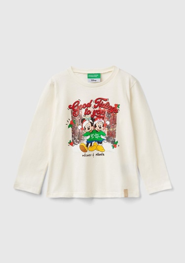  Kız Çocuk Ekru Etek Ucu Logo Etiketli Fotoğraf Baskılı Uzun Kollu T-Shirt