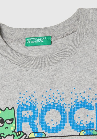  Erkek Çocuk Gri Melanj Baskılı Bisiklet Yaka Uzun Kollu T-Shirt