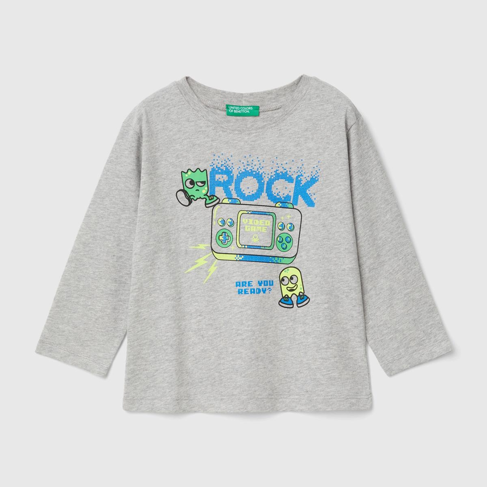 Erkek Çocuk Gri Melanj Baskılı Bisiklet Yaka Uzun Kollu T-Shirt