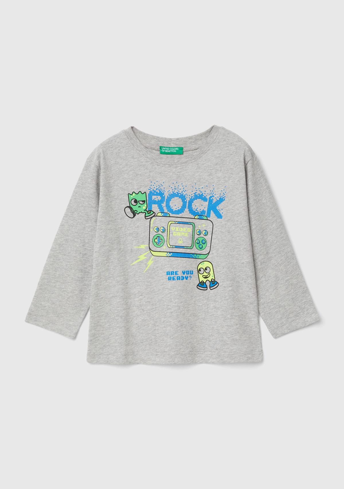  Erkek Çocuk Gri Melanj Baskılı Bisiklet Yaka Uzun Kollu T-Shirt