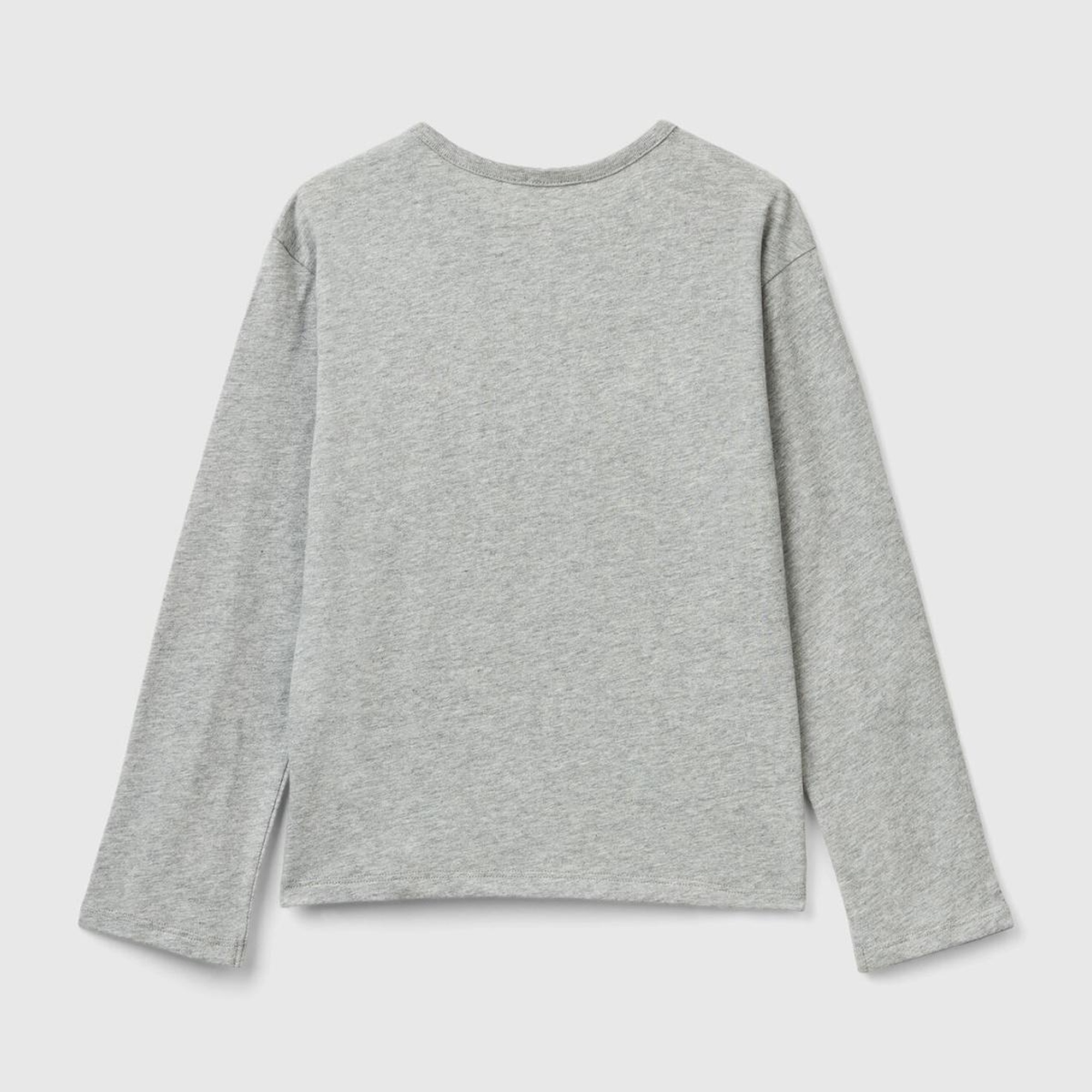 Kız Çocuk Gri Melanj Önü Pullu Logo İşlemeli Bisiklet Yaka Uzun Kollu T-Shirt