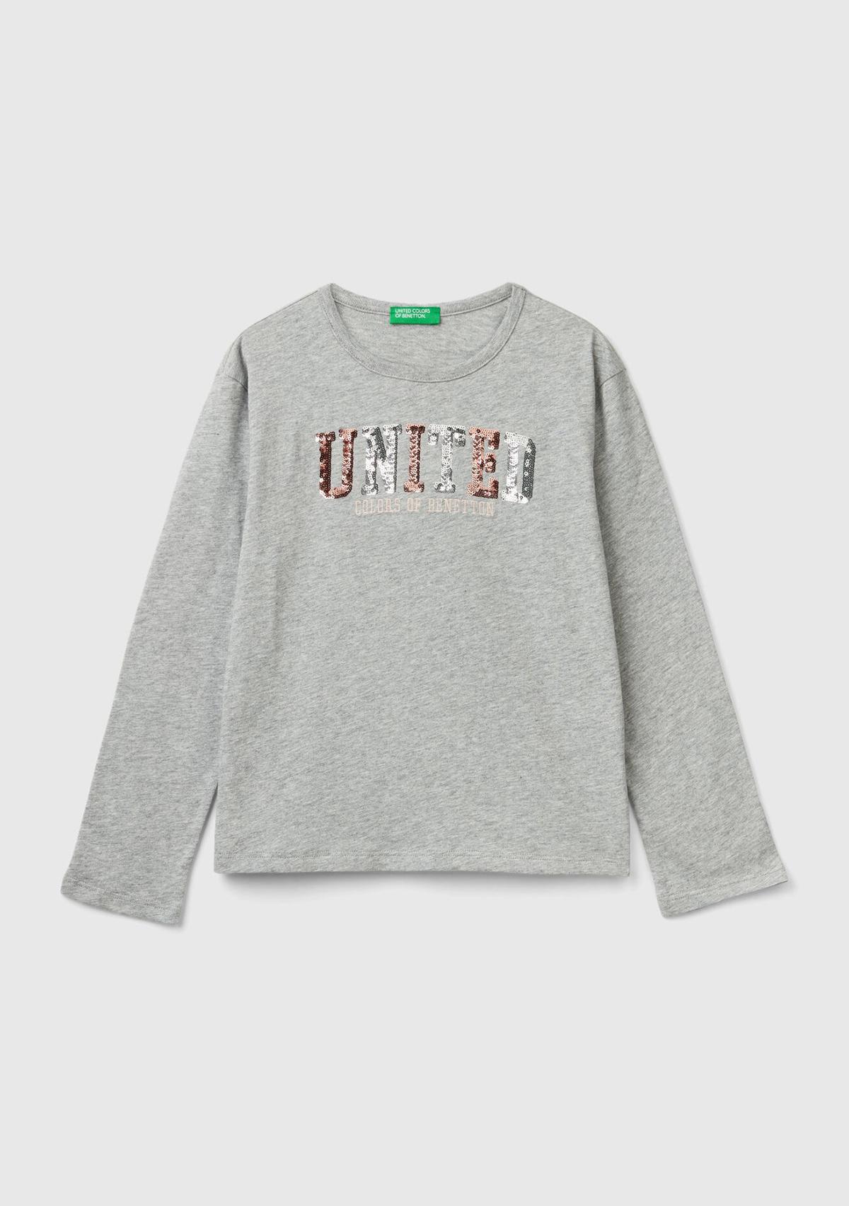  Kız Çocuk Gri Melanj Önü Pullu Logo İşlemeli Bisiklet Yaka Uzun Kollu T-Shirt