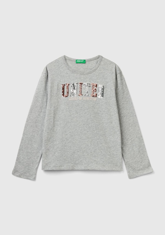  Kız Çocuk Gri Melanj Önü Pullu Logo İşlemeli Bisiklet Yaka Uzun Kollu T-Shirt