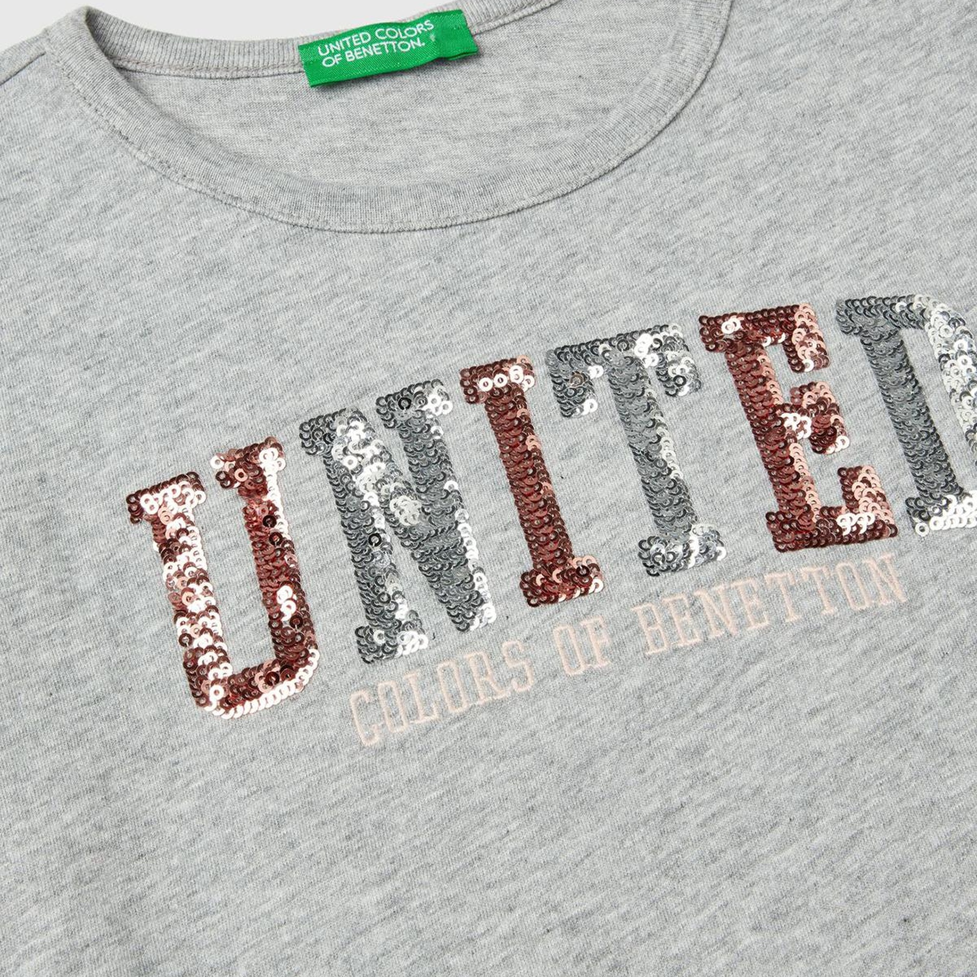 Kız Çocuk Gri Melanj Önü Pullu Logo İşlemeli Bisiklet Yaka Uzun Kollu T-Shirt