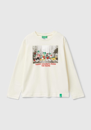  Erkek Çocuk Ekru Etek Ucu Logolu Önü Fotoğraf Baskılı Uzun Kollu T-Shirt