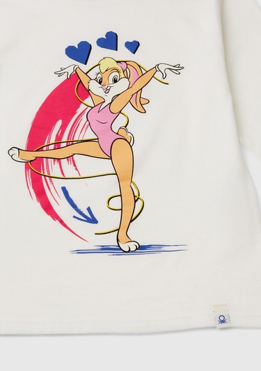  Kız Çocuk Beyaz Çok Renkli Baskılı Bisiklet Yaka Uzun Kollu T-Shirt