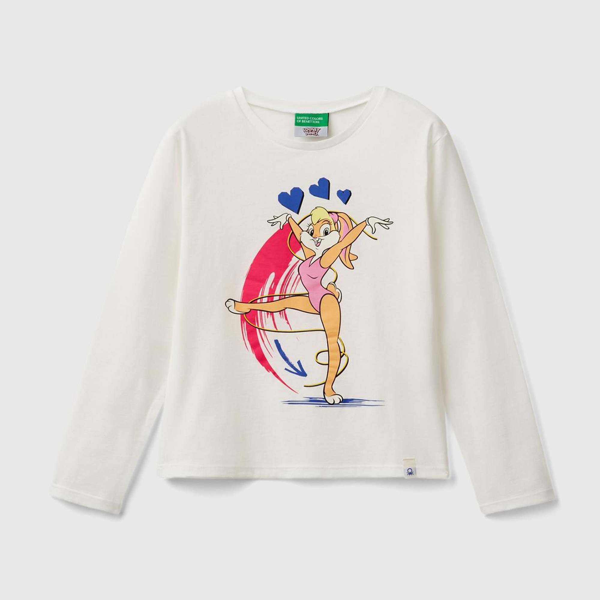 Kız Çocuk Beyaz Çok Renkli Baskılı Bisiklet Yaka Uzun Kollu T-Shirt