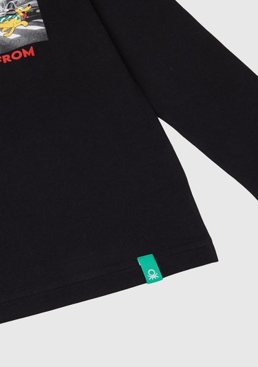  Erkek Çocuk Siyah Etek Ucu Logolu Önü Fotoğraf Baskılı Uzun Kollu T-Shirt