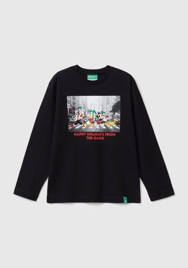  Erkek Çocuk Siyah Etek Ucu Logolu Önü Fotoğraf Baskılı Uzun Kollu T-Shirt