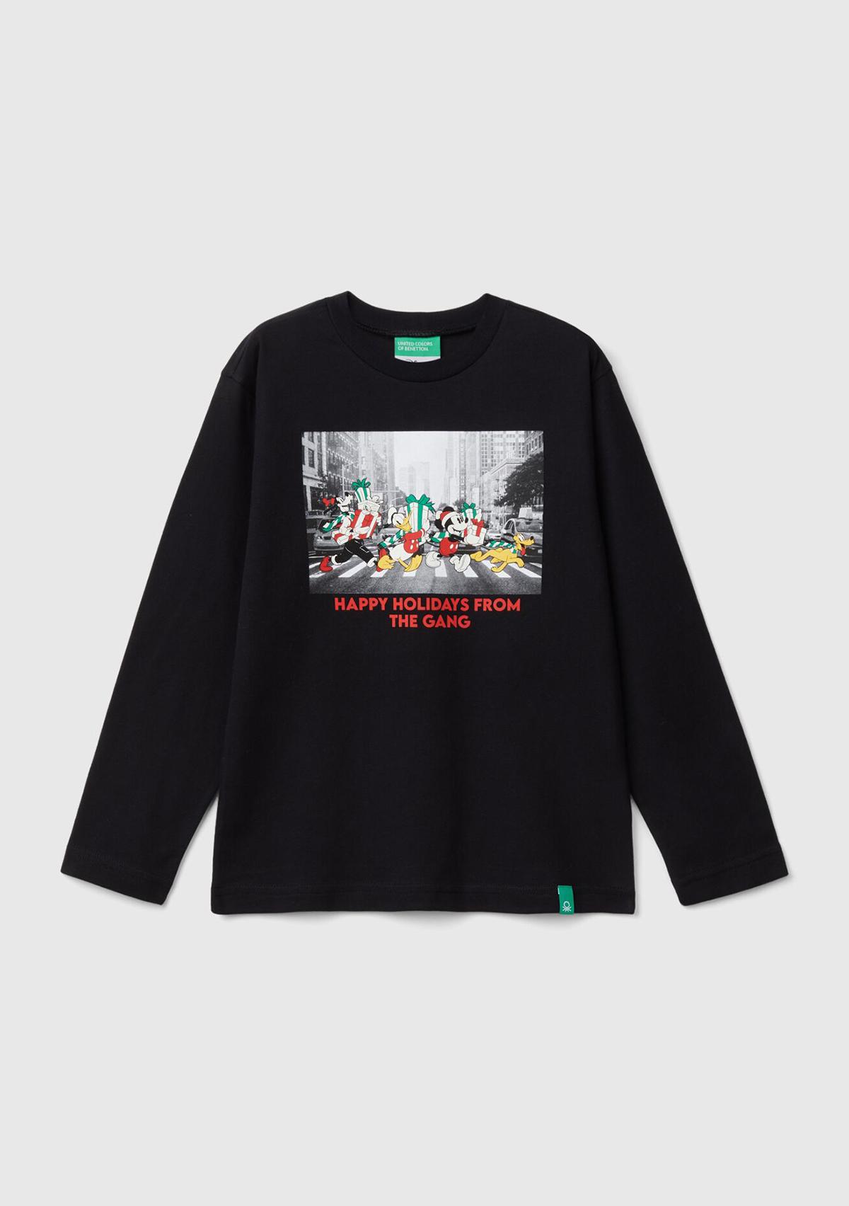  Erkek Çocuk Siyah Etek Ucu Logolu Önü Fotoğraf Baskılı Uzun Kollu T-Shirt