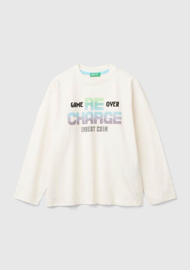  Erkek Çocuk Ekru 3 Boyutlu Efektli Çok Renkli Baskılı Uzun Kollu T-Shirt