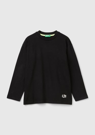  Erkek Çocuk Siyah 3 Boyutlu Efektli Çok Renkli Baskılı Uzun Kollu T-Shirt