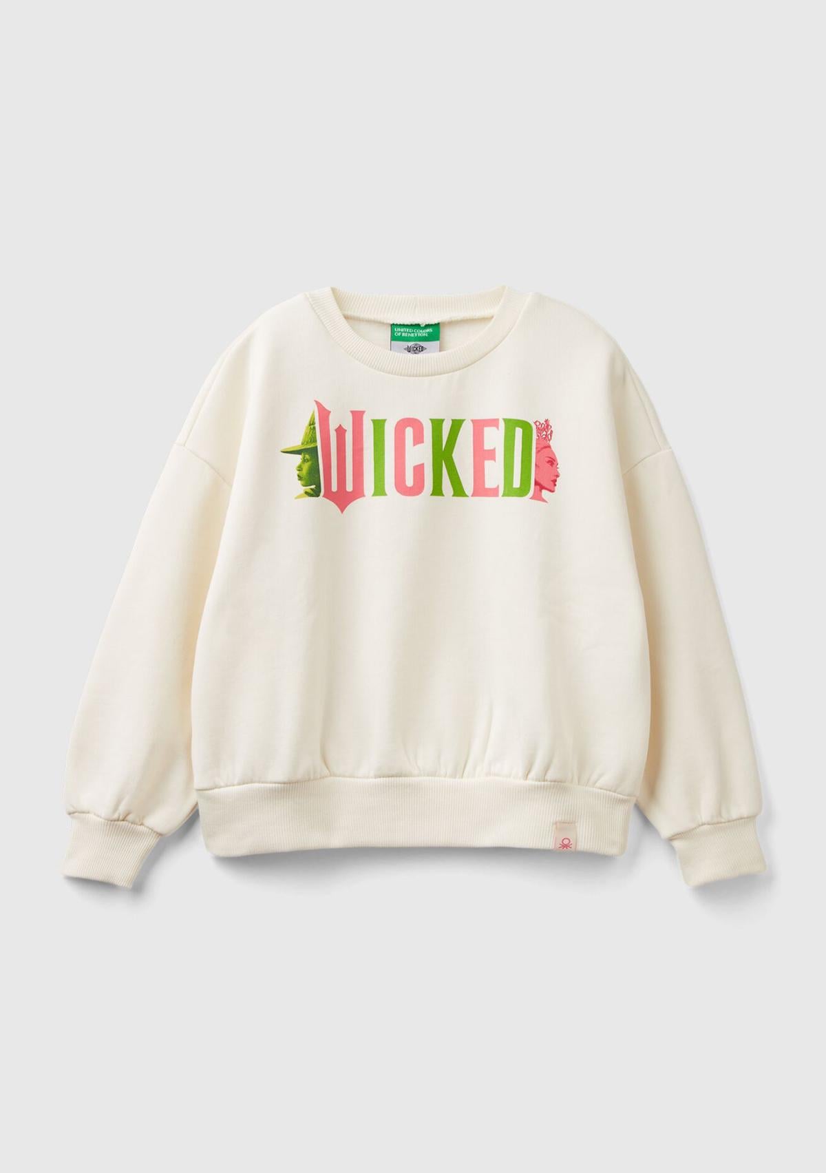  Kız Çocuk Ekru Etek Ucu Logo Etiketli Önü Baskılı Düşük Omuz Sweatshirt