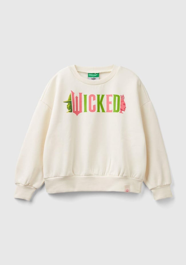  Kız Çocuk Ekru Etek Ucu Logo Etiketli Önü Baskılı Düşük Omuz Sweatshirt