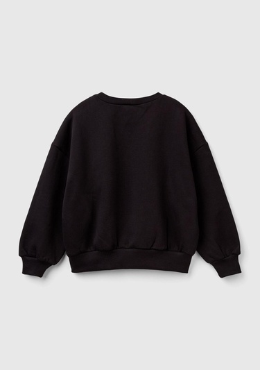  Kız Çocuk Siyah Etek Ucu Logo Etiketli Önü Baskılı Düşük Omuz Sweatshirt