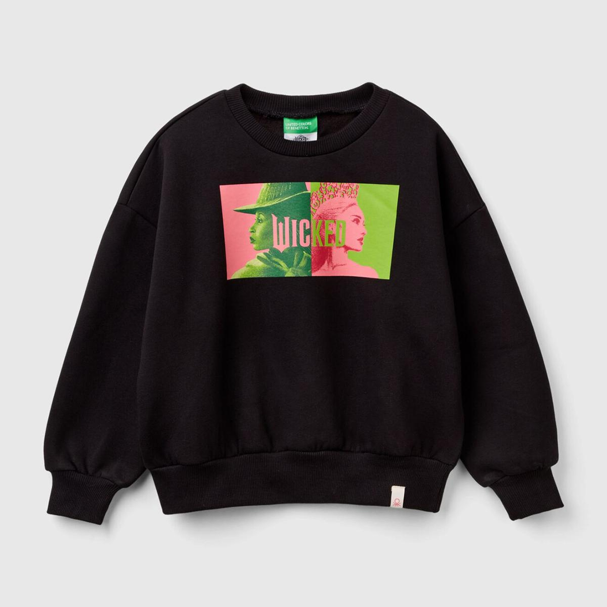 Kız Çocuk Siyah Etek Ucu Logo Etiketli Önü Baskılı Düşük Omuz Sweatshirt