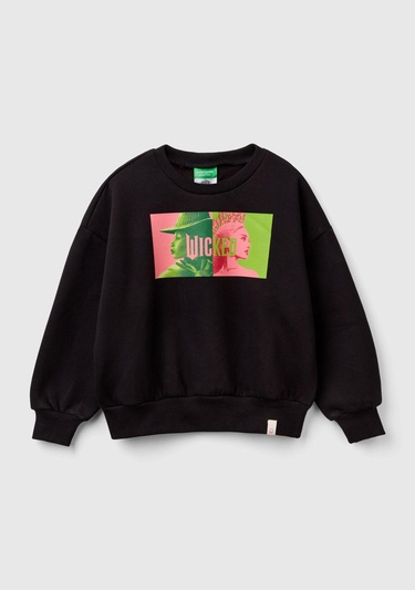  Kız Çocuk Siyah Etek Ucu Logo Etiketli Önü Baskılı Düşük Omuz Sweatshirt