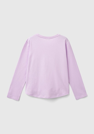  Kız Çocuk Lila Önü Pullu Baskı Detaylı Etek Ucu Yuvarlak Uzun Kollu T-Shirt