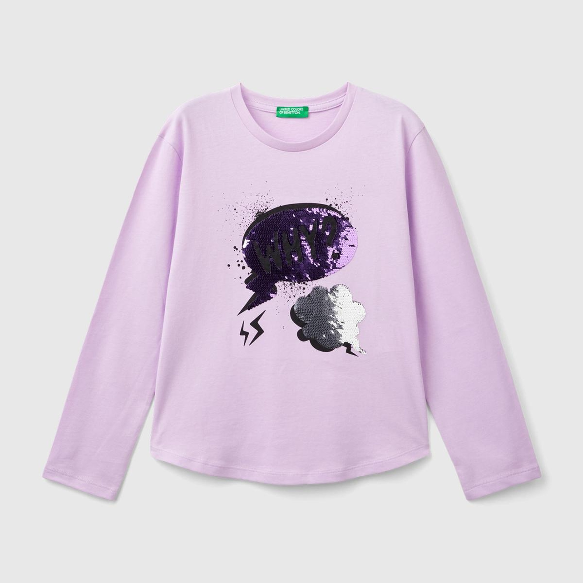 Kız Çocuk Lila Önü Pullu Baskı Detaylı Etek Ucu Yuvarlak Uzun Kollu T-Shirt