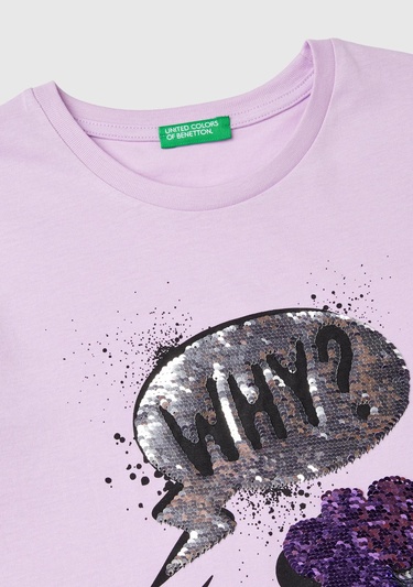  Kız Çocuk Lila Önü Pullu Baskı Detaylı Etek Ucu Yuvarlak Uzun Kollu T-Shirt