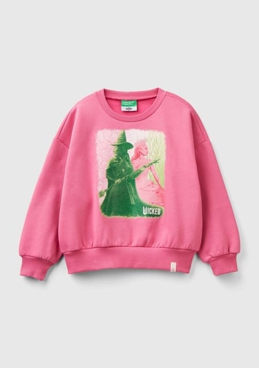  Kız Çocuk Pembe Etek Ucu Logo Etiketli Önü Baskılı Düşük Omuz Sweatshirt
