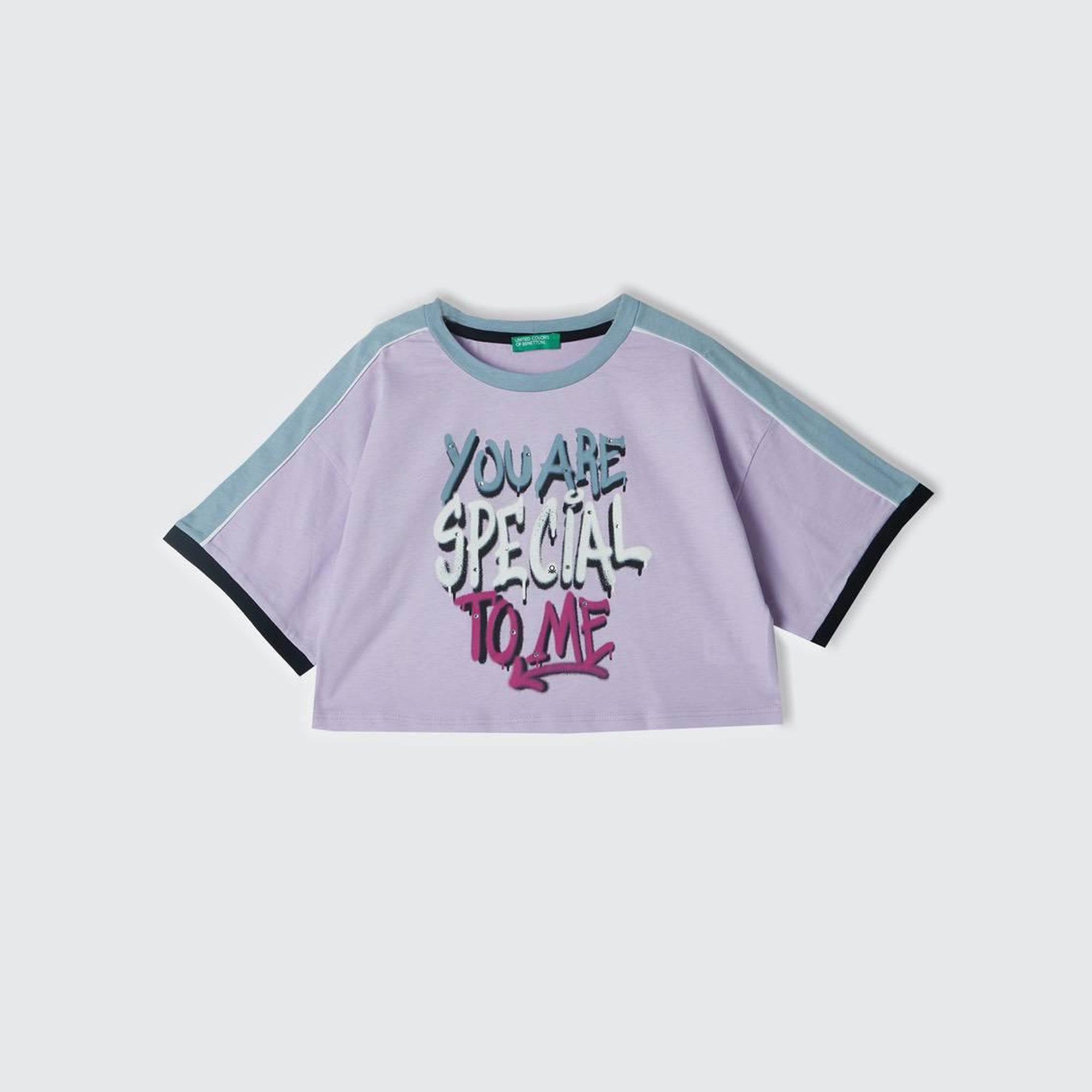 Kız Çocuk Lila Önü Baskılı Kontrast Renkli Geniş Bisiklet Yaka T-Shirt