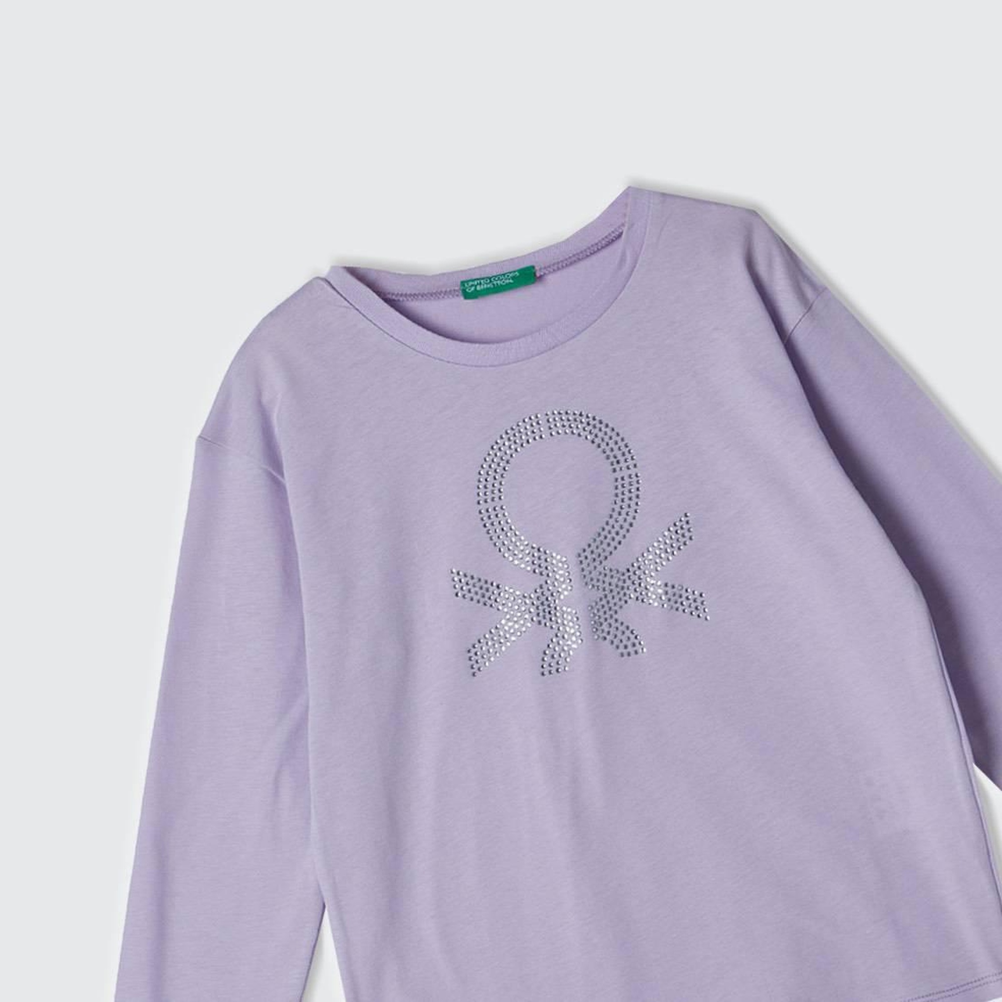 Kız Çocuk Lila Önü Parlak Logo Baskılı Bisiklet Yaka Uzun Kollu T-Shirt