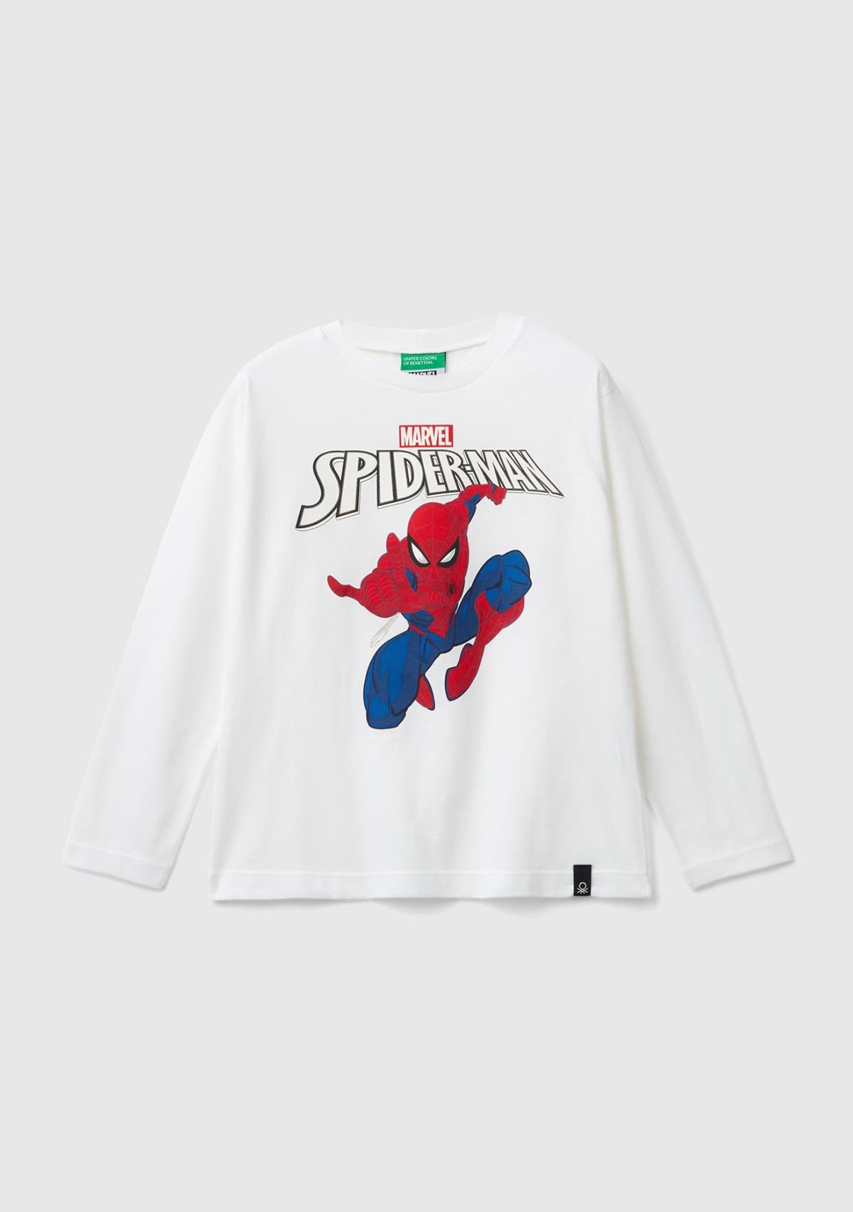 Erkek Çocuk Beyaz Etek Ucu Logolu Spiderman Baskılı Uzun Kollu T-Shirt