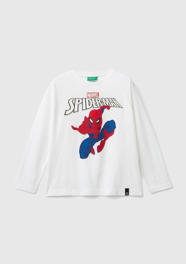  Erkek Çocuk Beyaz Etek Ucu Logolu Spiderman Baskılı Uzun Kollu T-Shirt